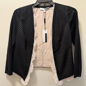Tracy Reese Black Perforated Open-Front Jacket with Cream Lace Trim